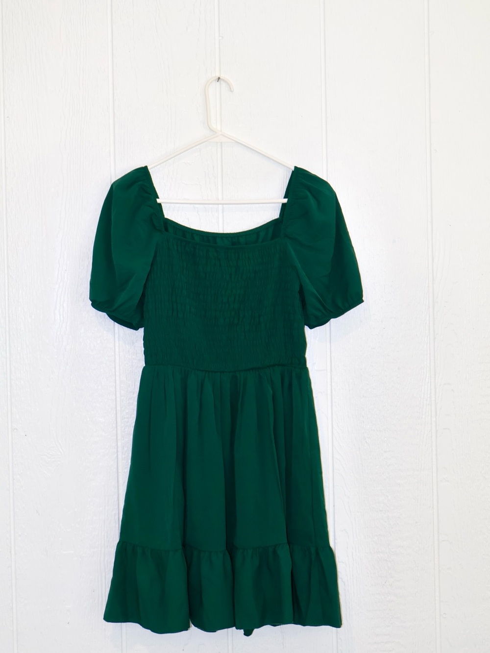 SHEIN Dark Green Ruched Puff Sleeve Mini Dress with Ruffle